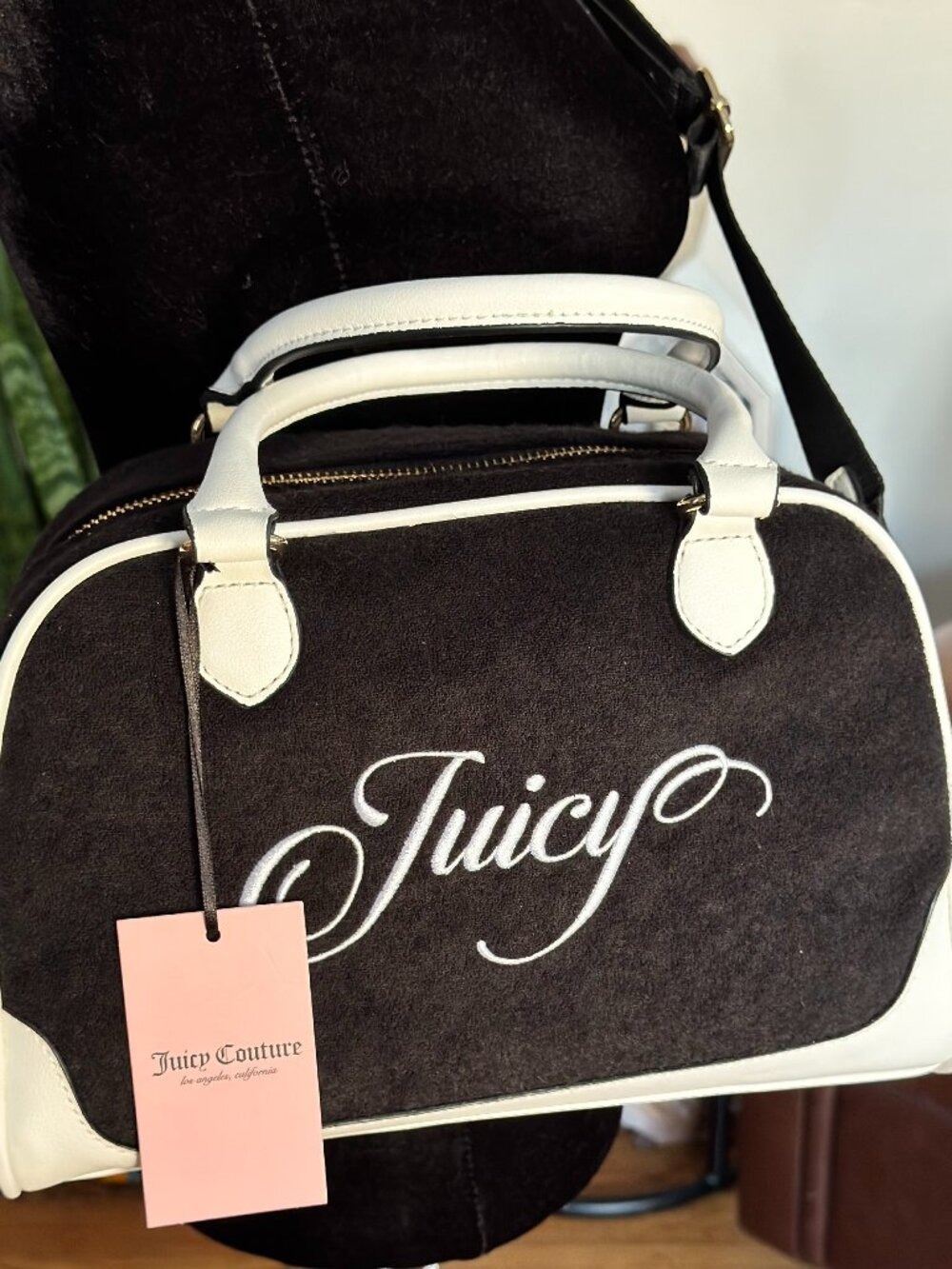 Juicy Couture Raising Star Bowler Bag Liquorice Black White Velour Y2K Crossbody